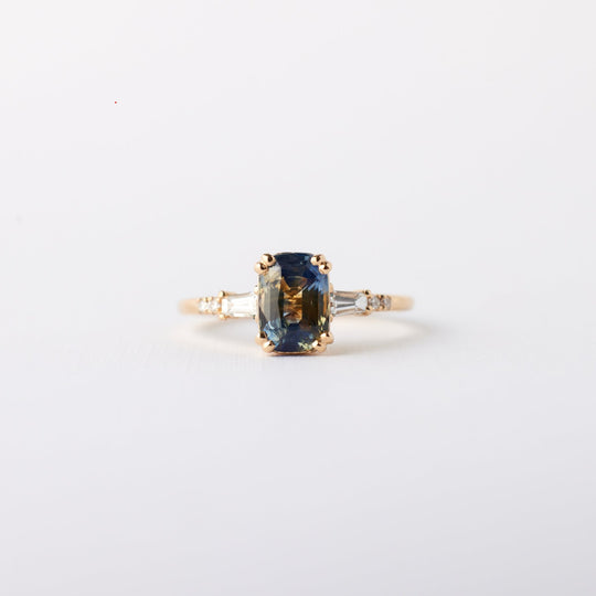 Sylvie ring - 1.51 Carat Yellow + Blue Cushion Cut Sapphire