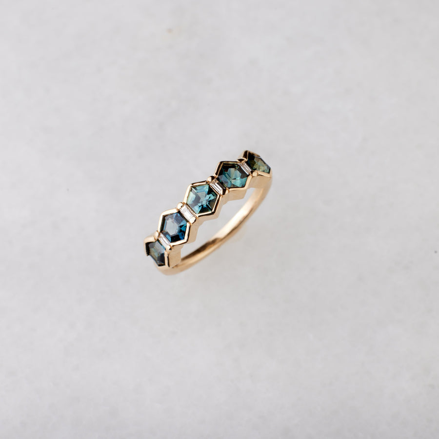 Arden Ring - Teal Blue Hexagon Sapphire + Diamonds