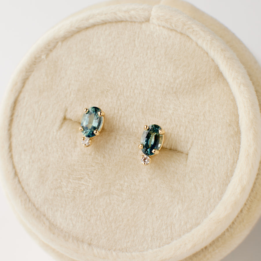 Margot Earrings - Teal Blue Oval Sapphires + Diamond