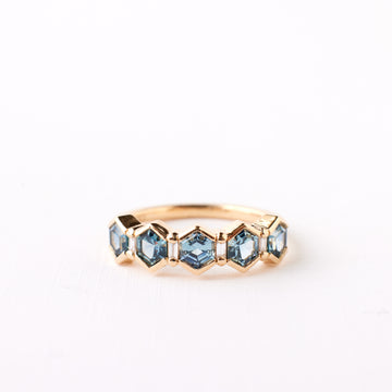 Arden Ring - Teal Blue Hexagon Sapphire + Diamonds