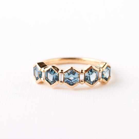 Arden Ring - Teal Blue Hexagon Sapphire + Diamonds