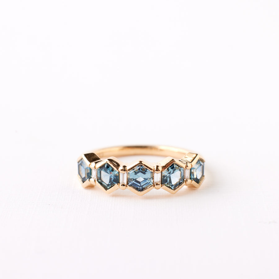 Arden Ring - Teal Blue Hexagon Sapphire + Diamonds