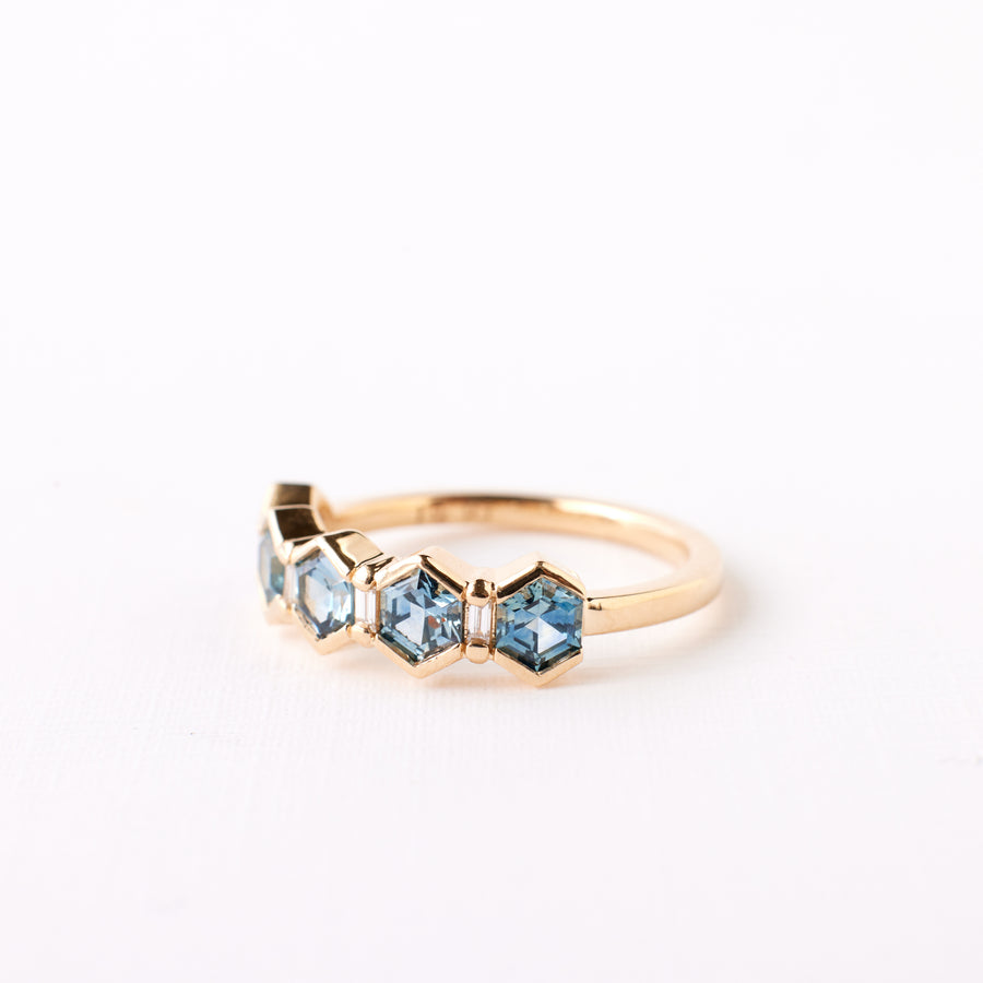 Arden Ring - Teal Blue Hexagon Sapphire + Diamonds