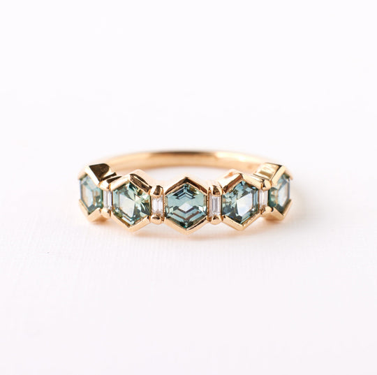 Arden Ring - Light Teal Blue Hexagon Sapphire + Diamonds