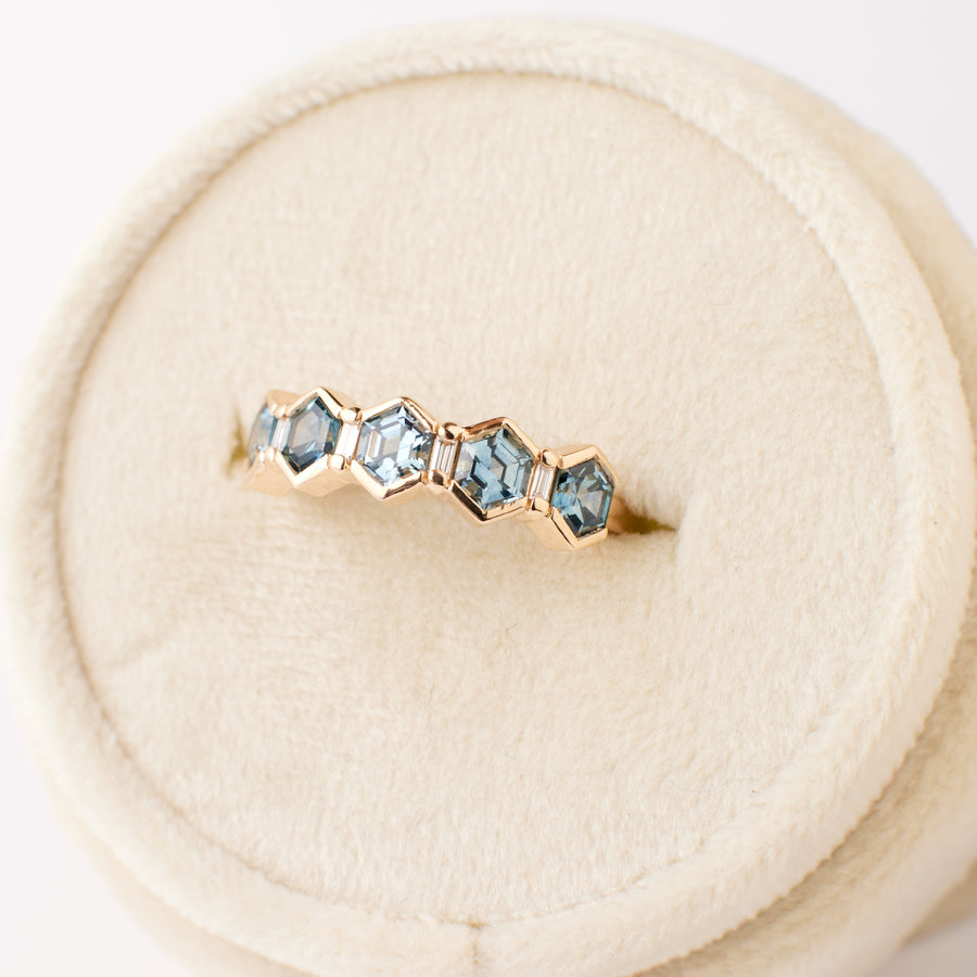 Arden Ring - Teal Blue Hexagon Sapphire + Diamonds