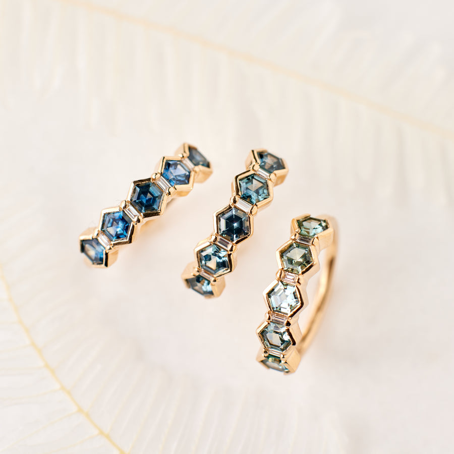 Arden Ring - Teal Blue Hexagon Sapphire + Diamonds