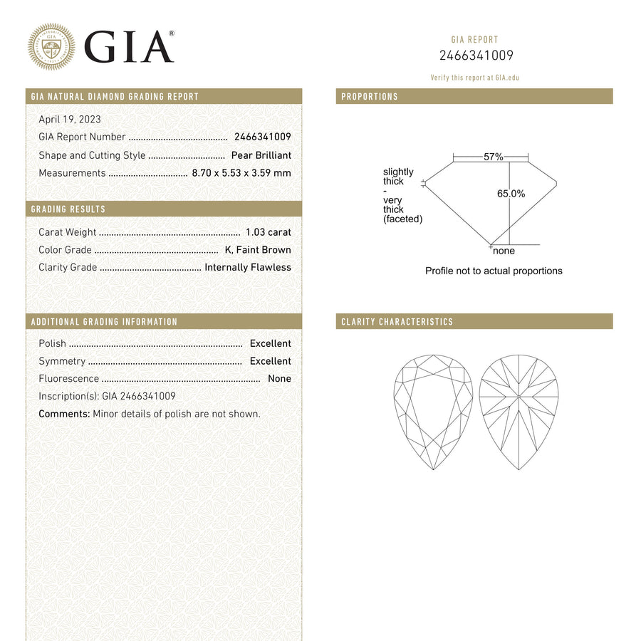 HOLD D2809 JUNE 6, 2024 - 1.03ct 8.70x5.53x3.59mm GIA Internally Flawless K Pear Brilliant 🇨🇦 25008-01