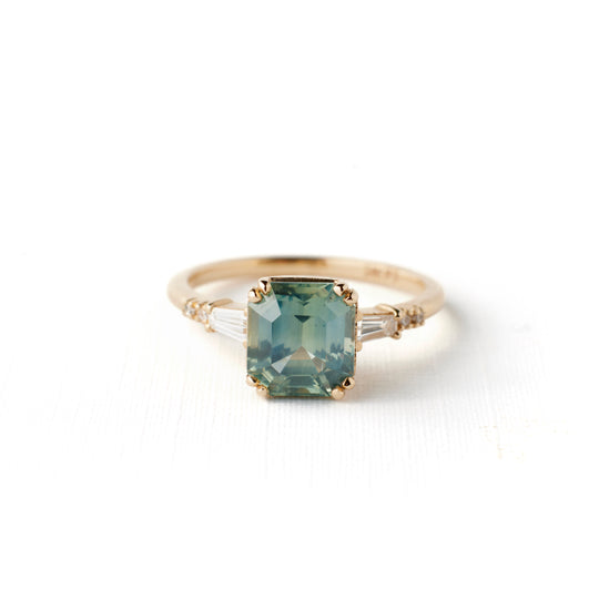 Sylvie Ring - 2.41 Carat Blue Green Emerald Cut Sapphire