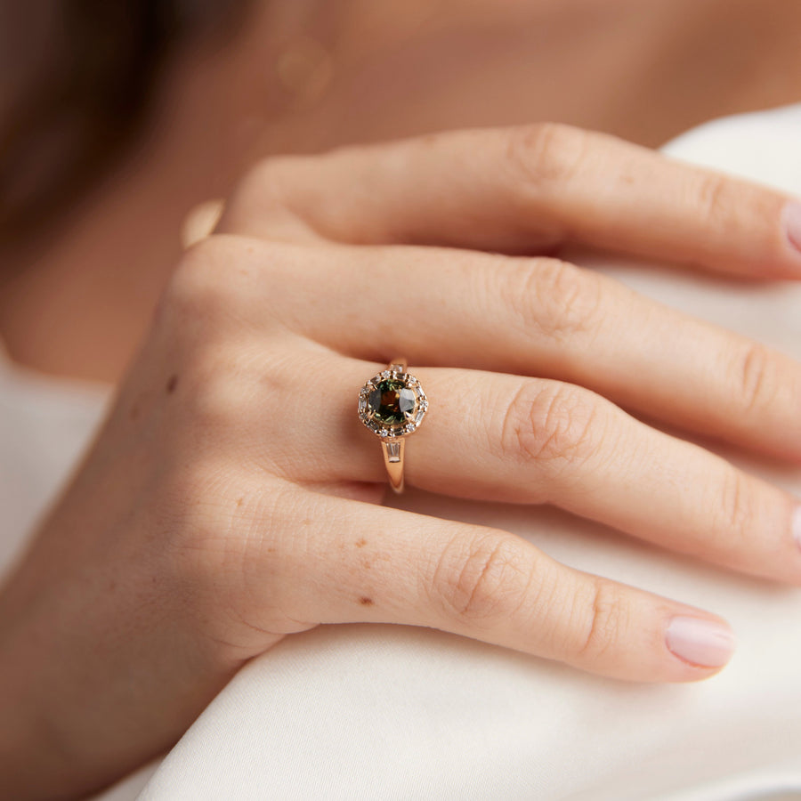 Vera Ring - 1.69 Carat Amber-Green-Yellow Parti Round Sapphire