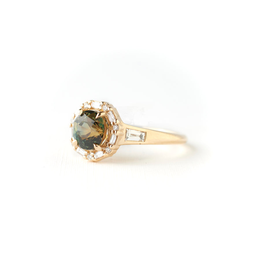 Vera Ring - 1.69 Carat Amber-Green-Yellow Parti Round Sapphire