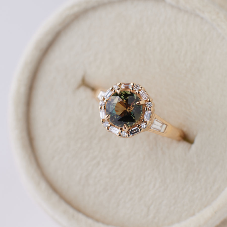 Vera Ring - 1.69 Carat Amber-Green-Yellow Parti Round Sapphire