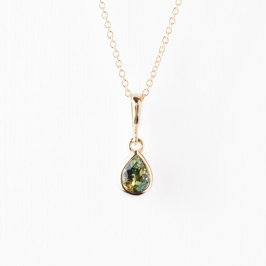 Parker Pendant No. 2 - Yellow-Green Teal Parti Pear Sapphire