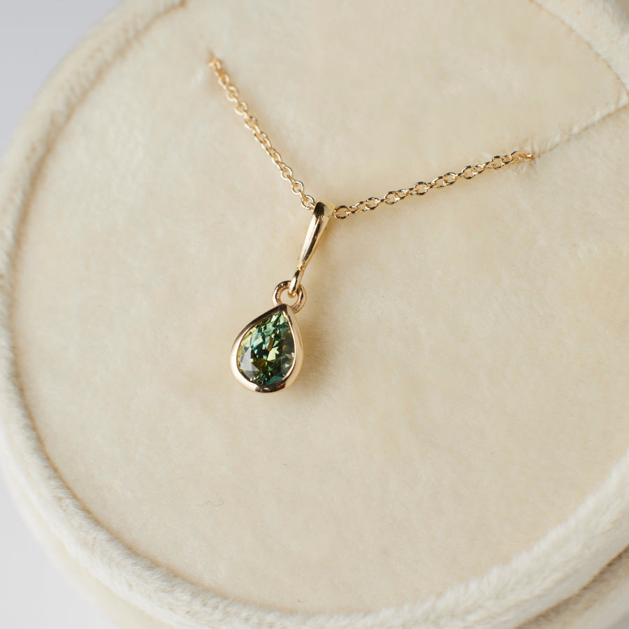 Parker Pendant No. 2 - Yellow-Green Teal Parti Pear Sapphire