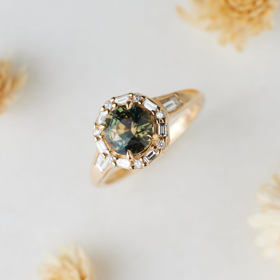 Vera Ring - 1.69 Carat Amber-Green-Yellow Parti Round Sapphire