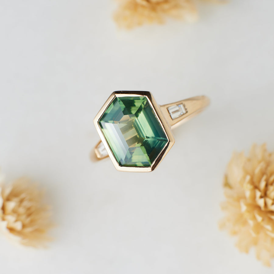 Cora Ring - 3.03 Carat Green Teal  Hexagon Sapphire