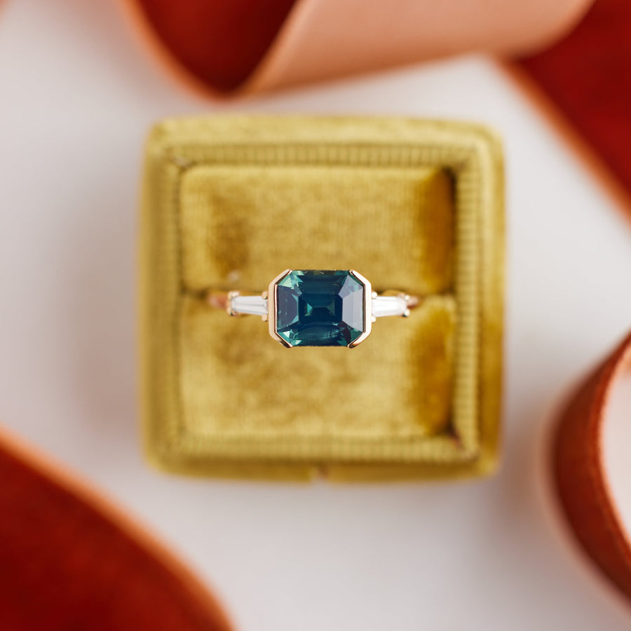 Lina Ring - 1.80 Carat Blue Green Emerald Cut Sapphire