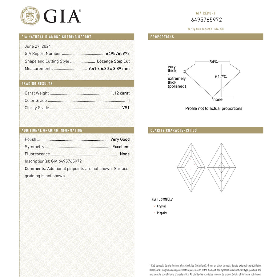 1.12ct 9.41x6.30x3.89mm GIA VS1 I Lozenge Step Cut 25802-02