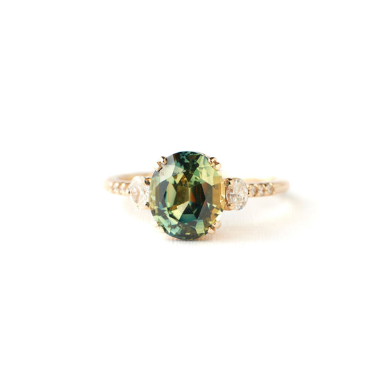 Laurel Ring - 2.61 Carat Yellow Teal Parti Oval Sapphire