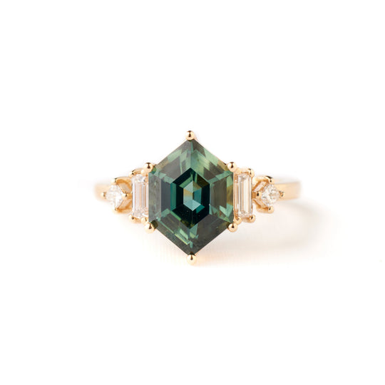 Josie Ring - 2.73 Carat Green Teal Elongated Hexagon Sapphire
