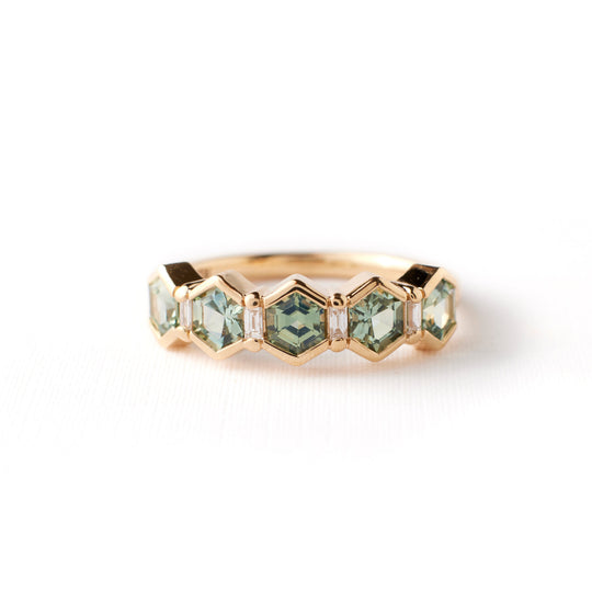 Arden Ring - Light Teal Green Hexagon Sapphire + Diamonds
