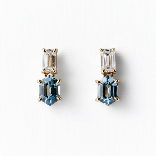Eleanor Earrings - Light Blue Hexagon Sapphires + Diamonds