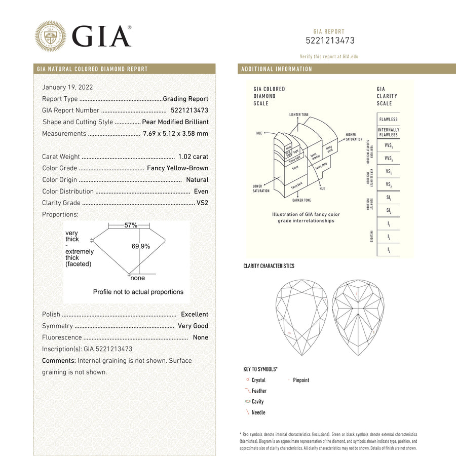 1.02ct 7.69x5.12x3.58mm GIA VS2 Fancy Yellow-Brown Pear Brilliant 24085-01