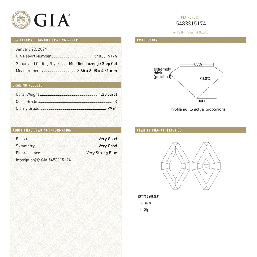 1.20ct 8.65x6.08x4.31mm GIA VVS1 K Lozenge Step Cut 25076-01