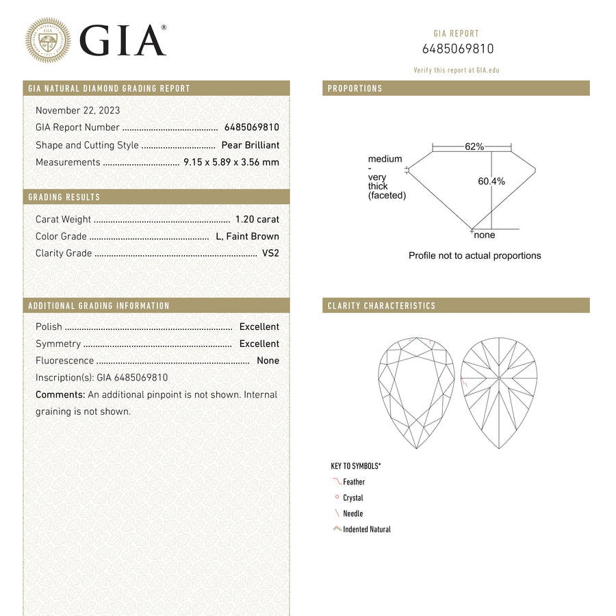 1.20ct 9.15x5.89x3.56mm GIA VS2 L Pear Brilliant 🇨🇦 24685-01