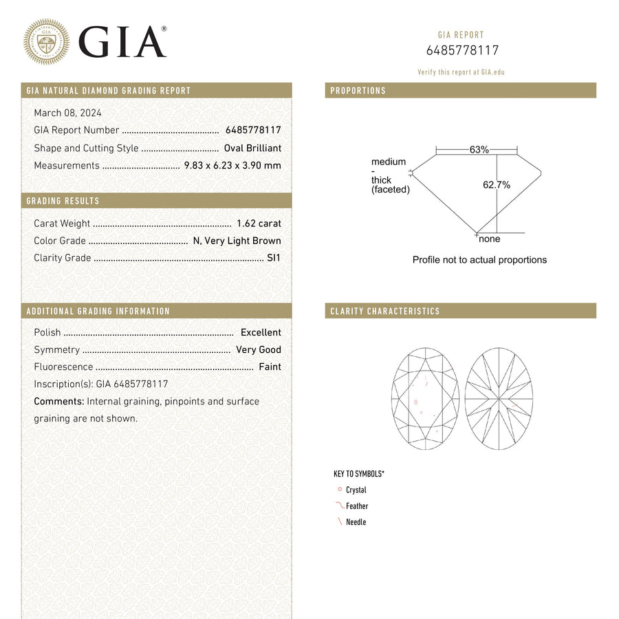 1.62ct 9.83x6.23x3.90mm GIA SI1 N Oval Brilliant 🇨🇦 24846-01