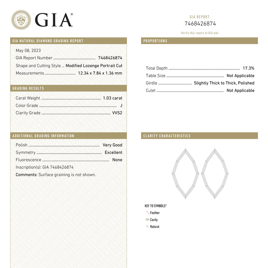 1.03ct 12.34x7.84x1.36mm GIA VVS2 J Type IIa Geometric Lozenge Portrait Cut 25087-01