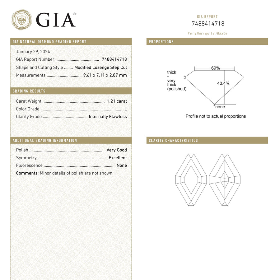 1.21ct 9.61x7.11x2.87mm GIA Internally Flawless L Lozenge Step Cut 25077-01