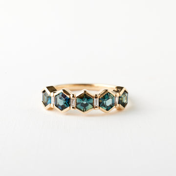 Arden Ring - Teal Blue Hexagon Sapphire + Diamonds