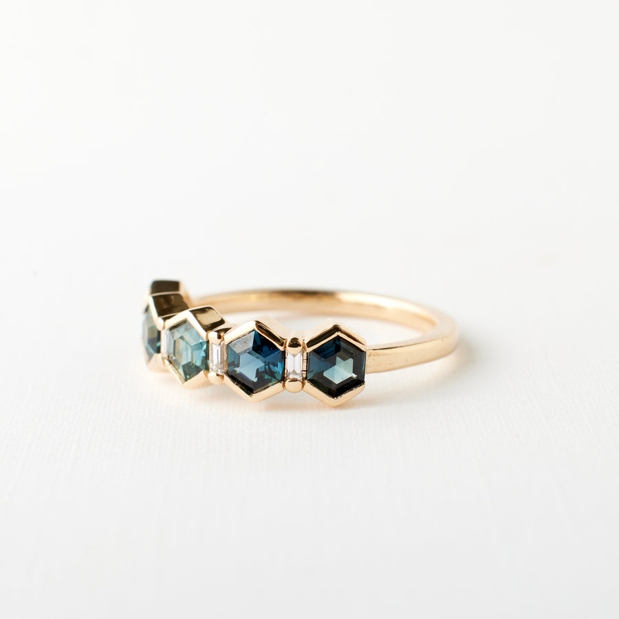 Arden Ring - Teal Blue Hexagon Sapphire + Diamonds