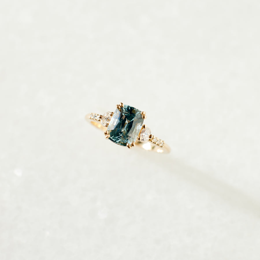 Laurel Ring - 2.03 Carat Teal Aqua Cushion Sapphire